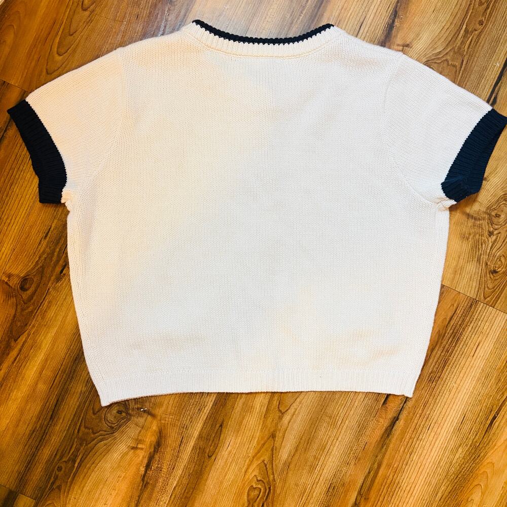 Freshman 1996 Cream & Navy Knit Short Sleeve Cardigan | Gold Button | Women’s M - Picture 7 of 10
